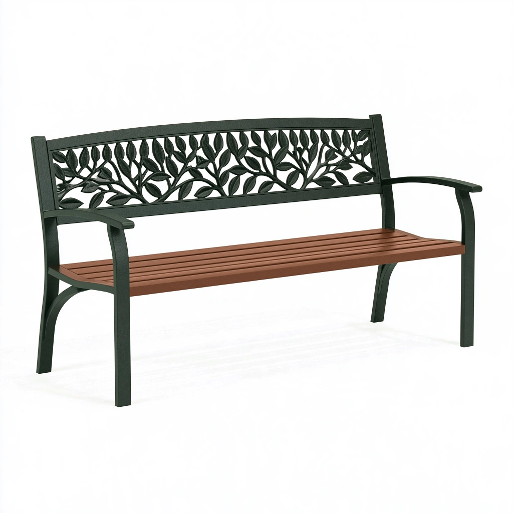 Gartenbank 122 x 63 x 85 cm Metall und Holzoptik Braun Grün mit Blattmotiv