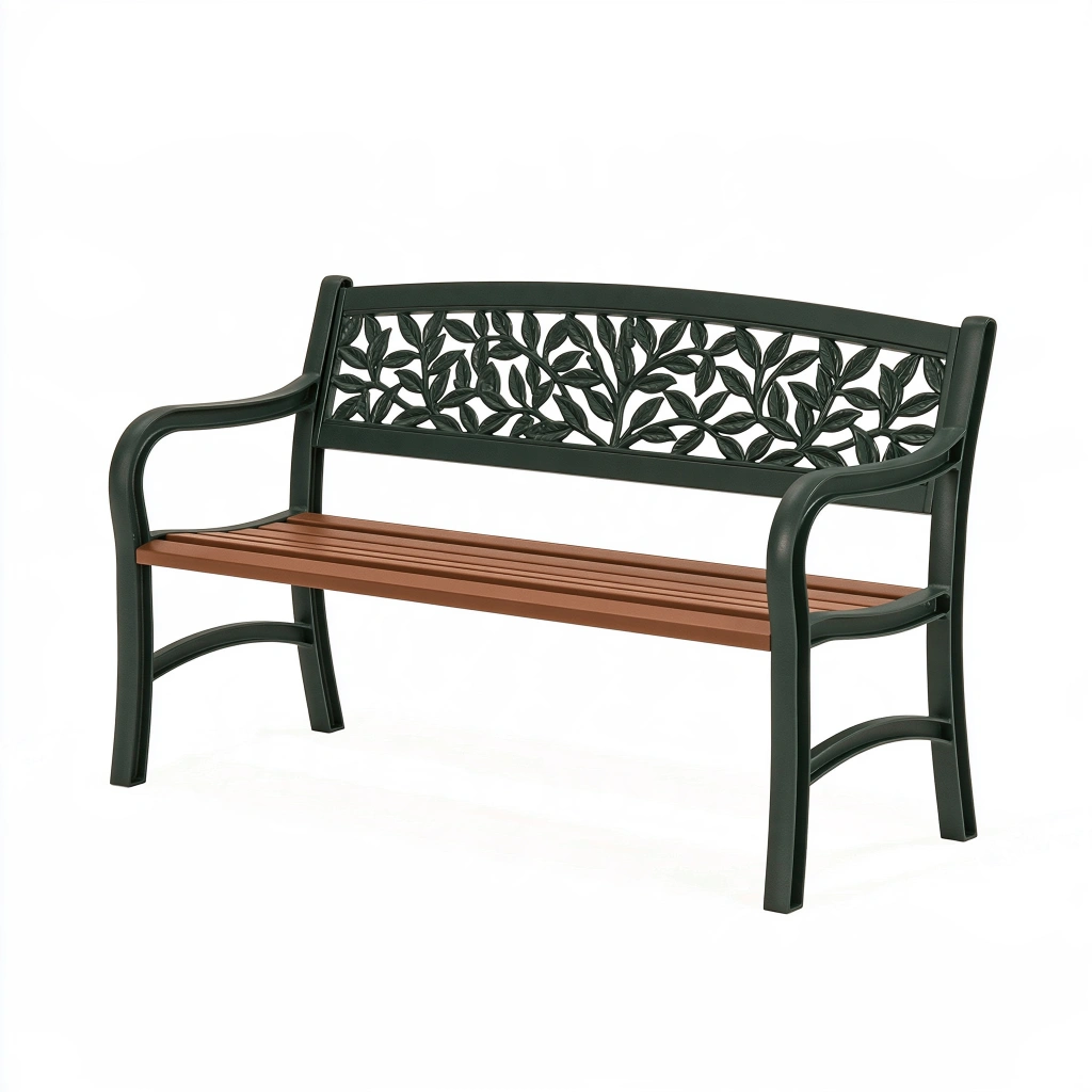 Gartensitzbank 122 x 60 x 87 cm Metall Kunststoff Schwarz Braun mit Blattmuster für Garten und Terrasse