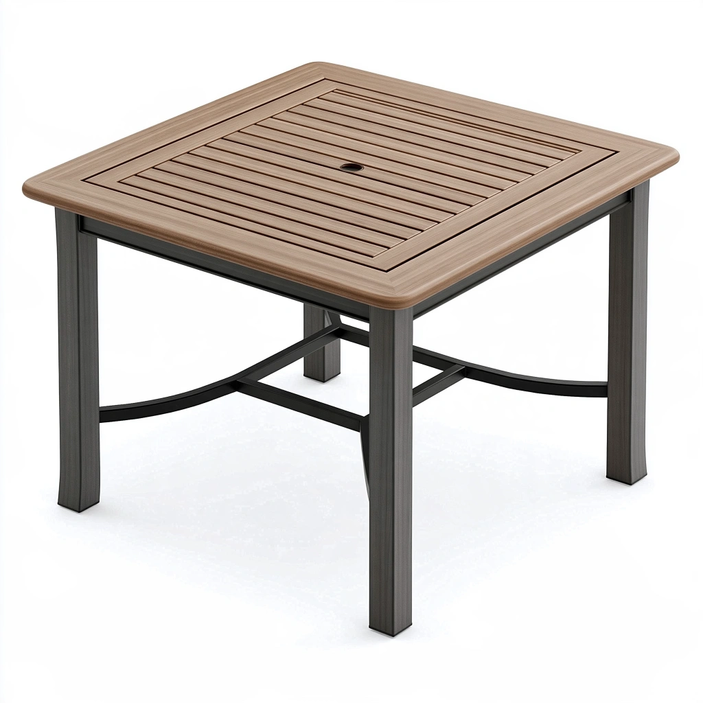 Gartentisch 90 x 90 cm in Holzoptik mit Metallgestell Braun Anthrazit - quadratisch mit Sonnenschirmöffnung