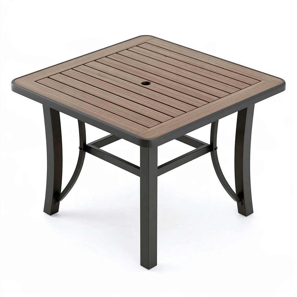 Gartentisch 90 x 90 x 74 cm Braun Schwarz mit Metallgestell und Sonnenschirmöffnung