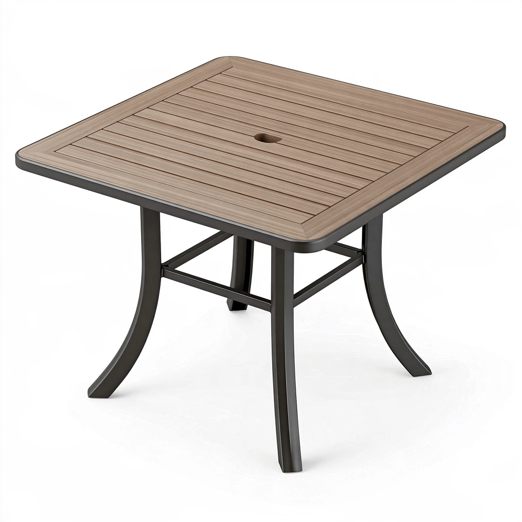 Gartentisch 90 x 90 x 74 cm in Holzoptik mit Metallgestell und Sonnenschirmöffnung