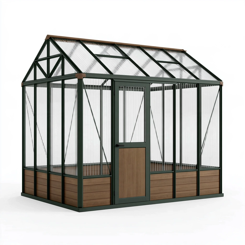Gewächshaus 240 x 190 x 200 cm aus Metall und Polycarbonat Dunkelgrün Braun für Garten mit Tür