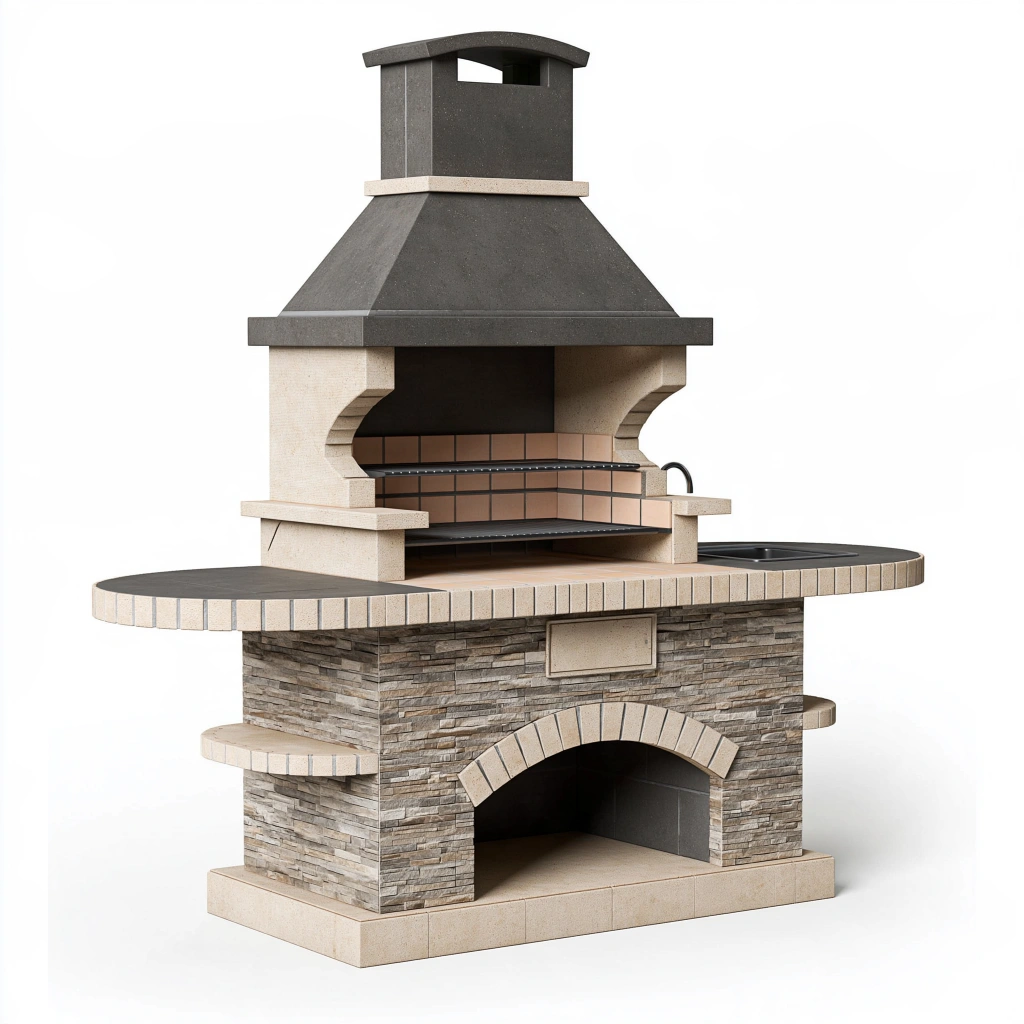 Gartengrill 180 x 90 x 220 cm aus Stein in Grau Beige mit Kamin für den Außenbereich