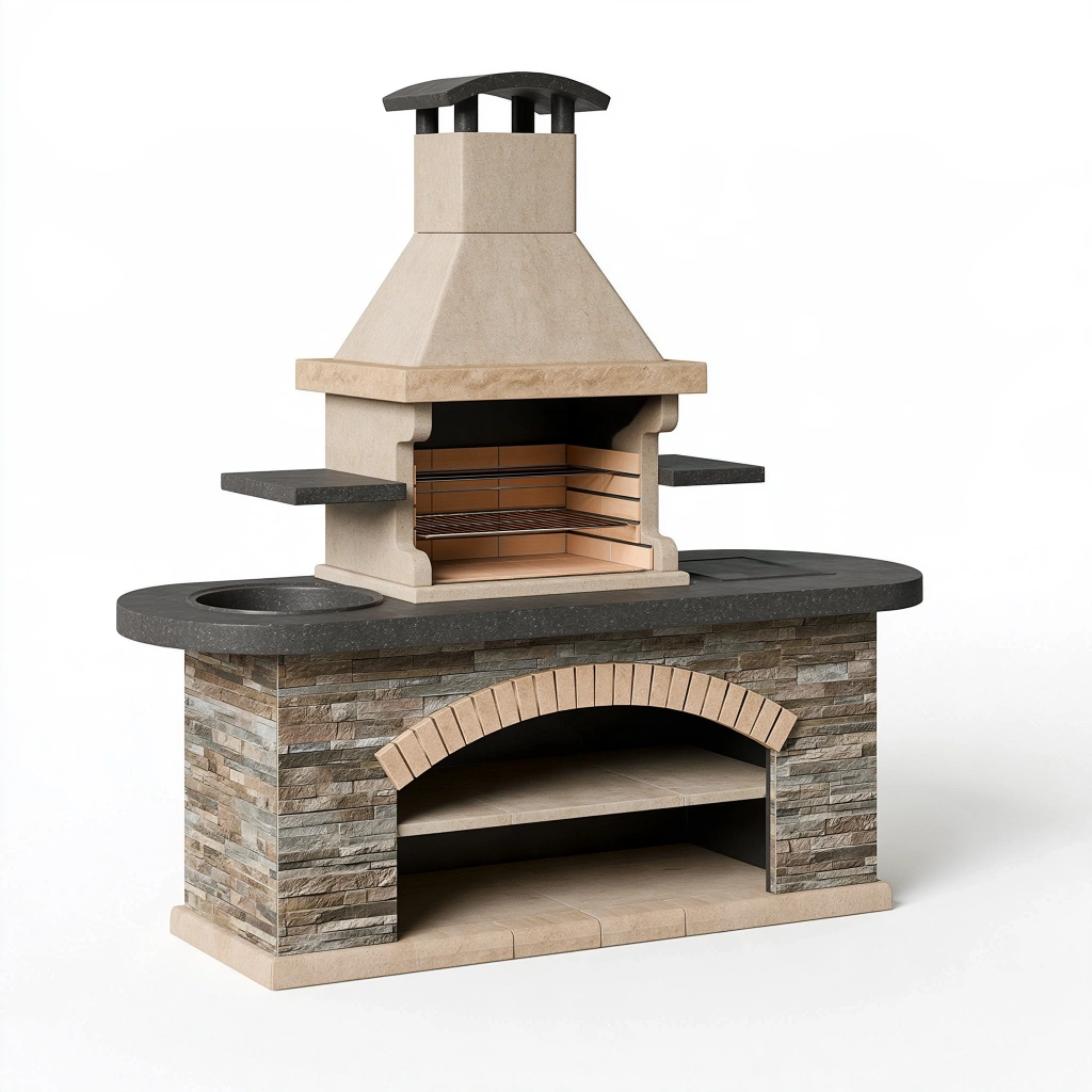 Grillküche 240 x 90 x 220 cm aus Stein in Beige Anthrazit für den Außenbereich mit Grillkamin