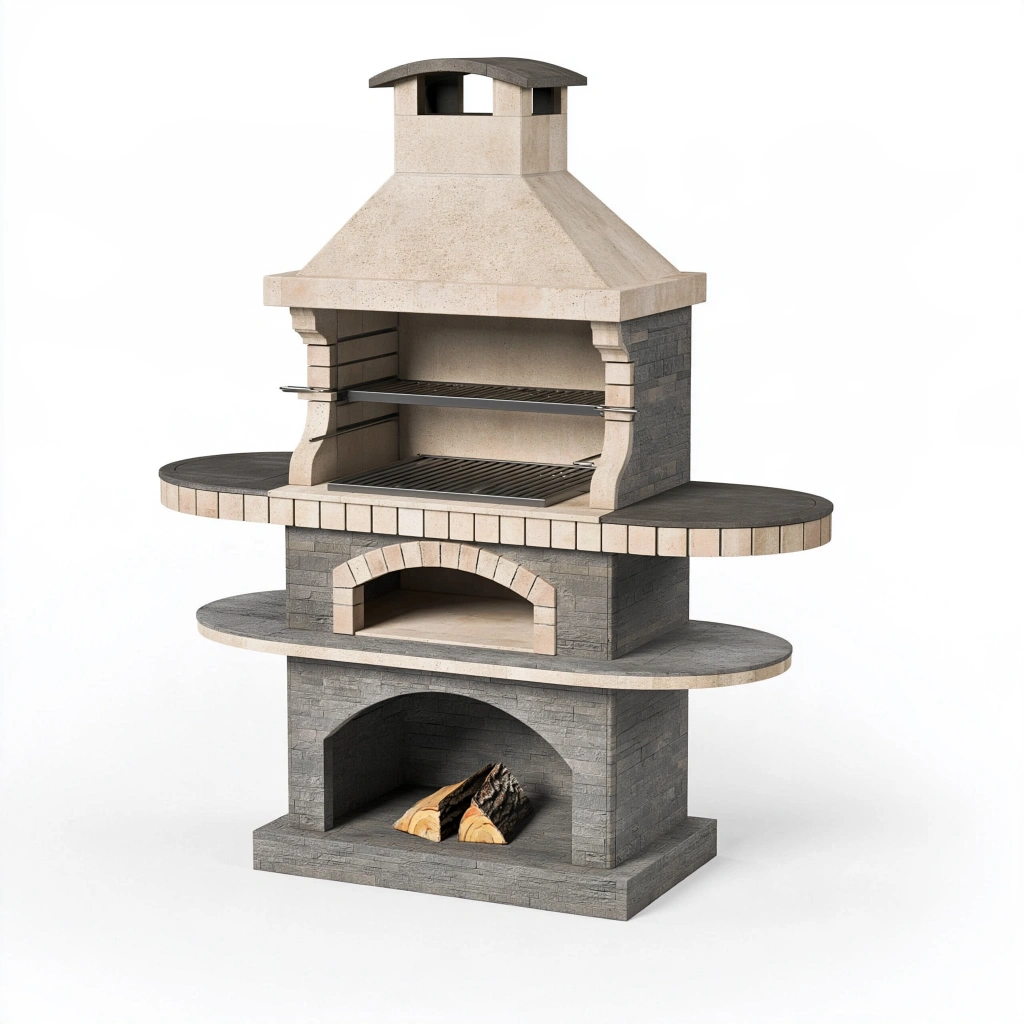 Gartengrillkamin 160 x 75 x 220 cm aus Stein Grau Beige mit Grillrost und Holzfach