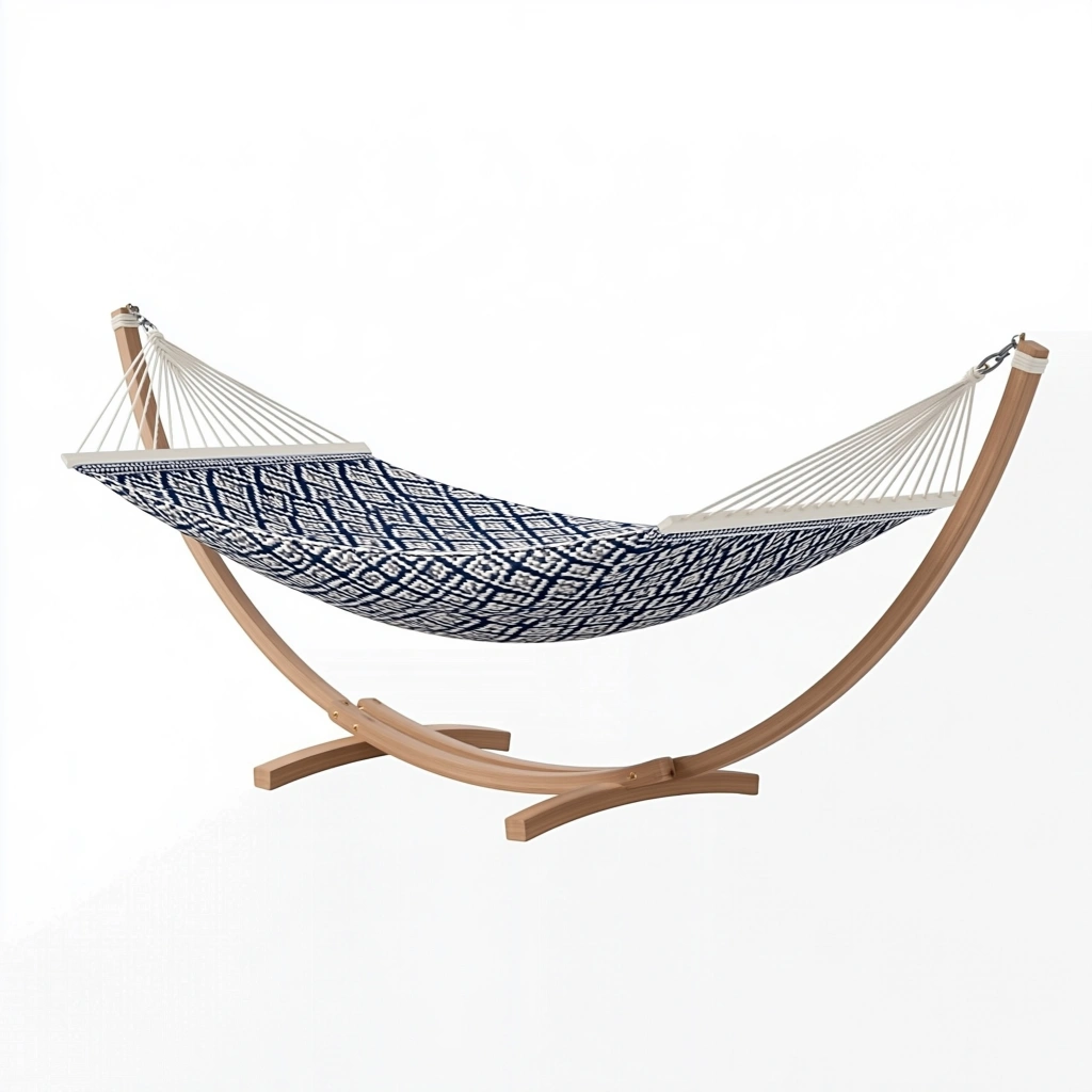 Hängematte mit Gestell 300 x 100 x 110 cm Baumwollgewebe Naturholz Blau Weiß - freistehend