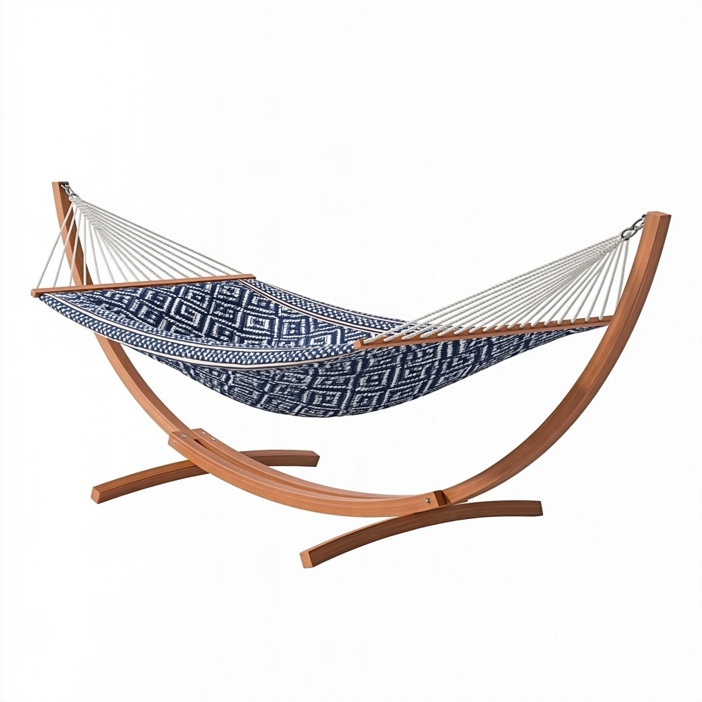 Hängematte 310 x 120 x 110 cm mit Holzgestell und Textilgewebe Blau Weiß für Innenbereich und überdachten Außenbereich