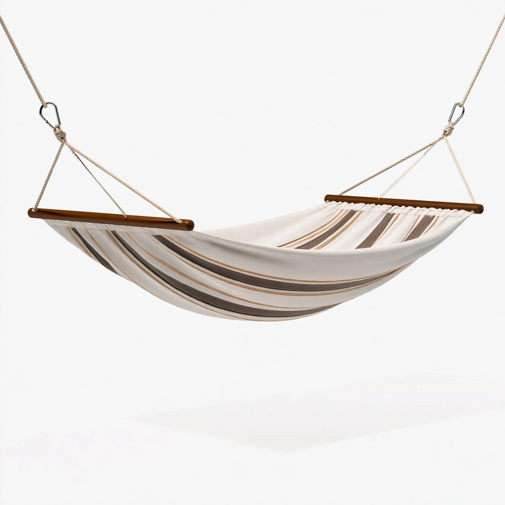 Hängematte 300 x 100 cm aus Baumwolle Weiß Beige Braun gestreift mit Holzspreizstäben
