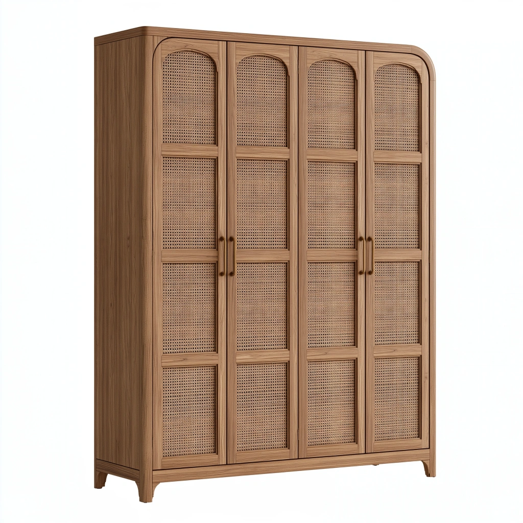 Kleiderschrank 180 x 60 x 200 cm aus Holz in Naturbraun mit Rattangeflecht im Naturstil