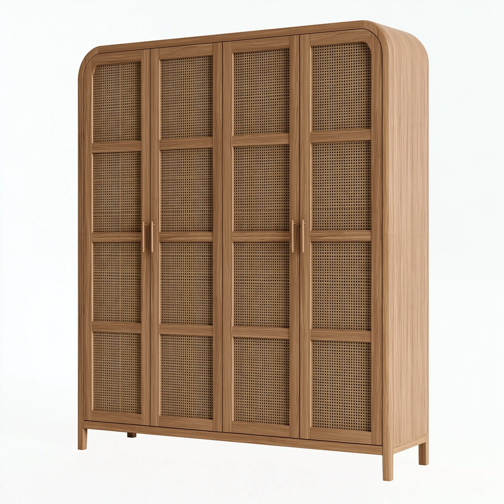Kleiderschrank 120 x 45 x 200 cm Holzoptik mit Rattangeflecht im Retro-Stil