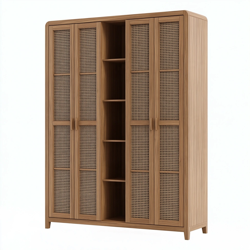 Kleiderschrank 160 x 60 x 200 cm Holz Natur mit Rattangeflecht und offenen Fächern